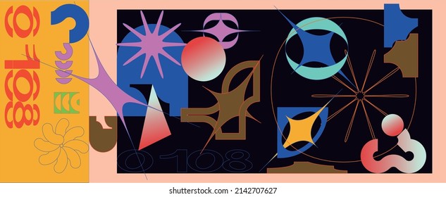 Generative design artwork graphics of bizarre computer vector generated shapes and abstract geometric design elements, useful for web background, poster fine arts, front page covers and digital prints