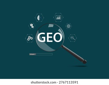 Generative Engine Optimization Concept. Magnifying glass with a GEO word on dark green background.