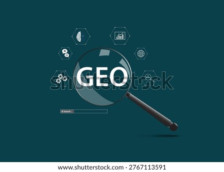 Generative Engine Optimization Concept. Magnifying glass with a GEO word on dark green background.