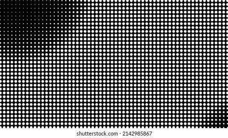 Generative real time art. Screen media technology. Code, digital creative. Coding abstract video trippy. Mesh LCD display. Array from dots. Scale size different hole space.