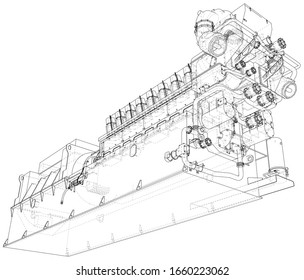 Generator. Diesel and gas industrial electric generator. The layers of visible and invisible lines are separated. Wire-frame outline.