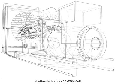 Generator. Diesel and gas industrial electric generator. The layers of visible and invisible lines are separated. Wire-frame outline.