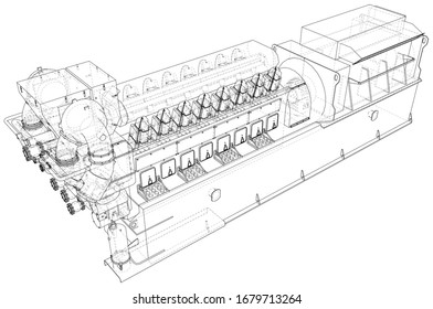 Generator. Diesel and gas industrial electric generator. The layers of visible and invisible lines are separated. Wire-frame outline.