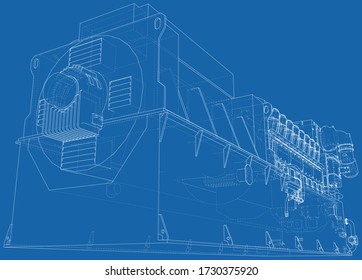 Generator. Diesel and gas industrial electric generator. The layers of visible and invisible lines are separated. Wire-frame outline.