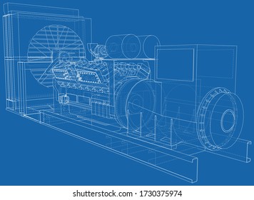 Generator. Diesel and gas industrial electric generator. The layers of visible and invisible lines are separated. Wire-frame outline.