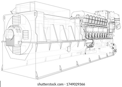 Generator. Diesel and gas industrial electric generator. The layers of visible and invisible lines are separated. Wire-frame outline.