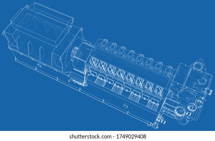 Generator. Diesel and gas industrial electric generator. The layers of visible and invisible lines are separated. Wire-frame outline.