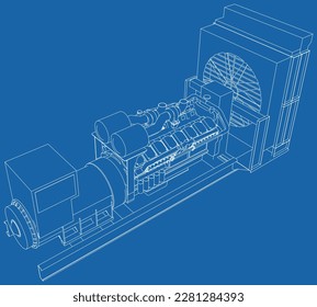 Generator. Diesel and gas industrial electric generator. The layers of visible and invisible lines are separated. Wire-frame outline.