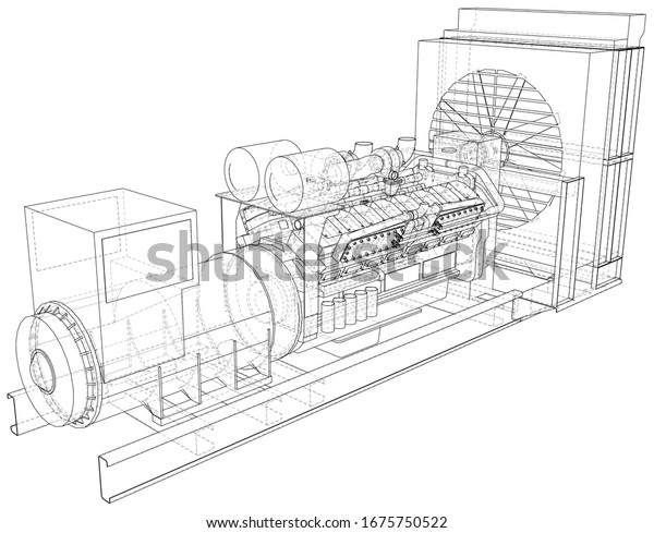 Generator. Diesel and gas industrial electric\
generator. The layers of visible and invisible lines are separated.\
Wire-frame outline.