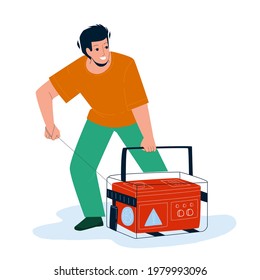 Generator Equipment Starting Young Man Vector. Emergency Generator Machine Start Boy. Character Autonomous Tool With Petrol Fuel Engine Generating Electricity Power Flat Cartoon Illustration