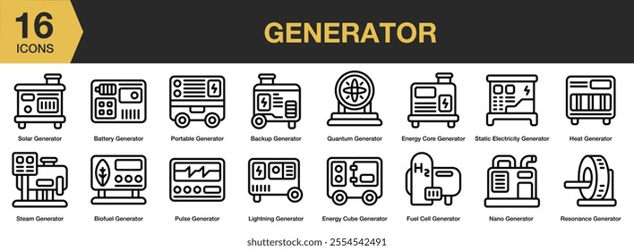 Generator icon set. Includes solar, battery, portable, quantum, pulse, steam, and More. Outline icons vector collection.