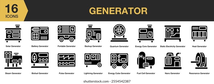 Generator solid icon set. Includes solar, battery, portable, quantum, pulse, steam, and More. Solid icons vector collection.