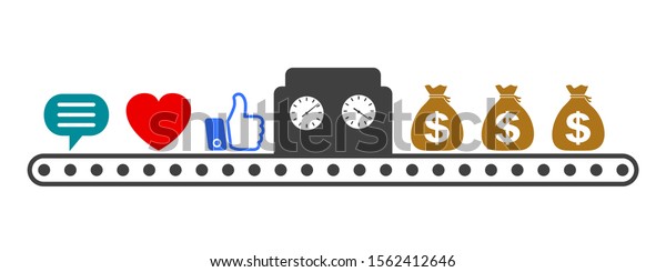 Generator\
of transformation comments, likes in money. Marketing concept of\
production on the conveyor belt – stock\
vector