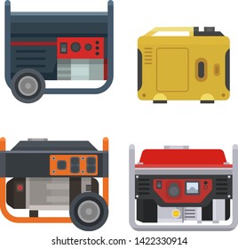 Generator vector power generating portable gasoline petrol fuel energy industrial electrical engine equipment illustration set of diesel industry isolated on white background