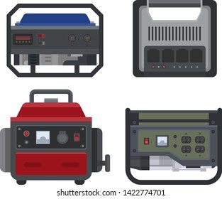 Generator vector power generating portable gasoline petrol fuel energy industrial electrical engine equipment illustration set of diesel industry isolated on white background