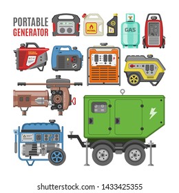 Generator vector power generating portable diesel fuel energy industrial electrical engine equipment illustration set of electric gas industry isolated on white background