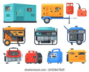 Generators machines. Electric power generator diesel gas engine for generating electrical energy, emergency equipment maintenance service alternator, vector illustration of power generator equipment