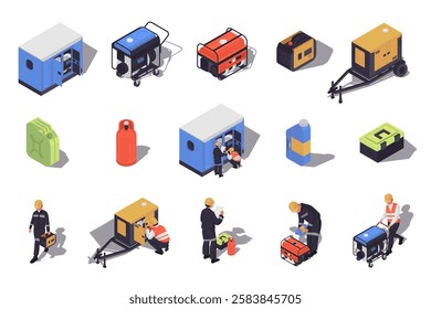 Generators maintenance 3d isometric mega set in flat design. Collection isometry elements of different types of portable electric power generators, canisters, technicians, other. Vector illustration.