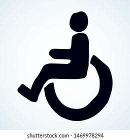 Generic aid man sit user help medicine loo set on white door. Outline black ink hand drawn simple flat round web ui ill group life care street logo emblem image in retro art doodle cartoon print style
