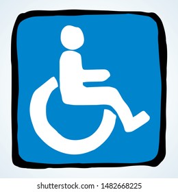 Generic aid man sit user help medicine loo set on white wall. Outline black ink hand drawn simple flat round web ui ill group life care street logo emblem image in retro art doodle cartoon print style