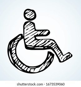 Generic aid man sit user help medicine loo set on white door. Outline black ink hand drawn simple flat round web ui ill group life care street logo emblem image in retro art doodle cartoon print style