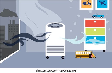 Generic air purifier improving indoors air quality in a kid's room in the city, EPS 8 vector illustration