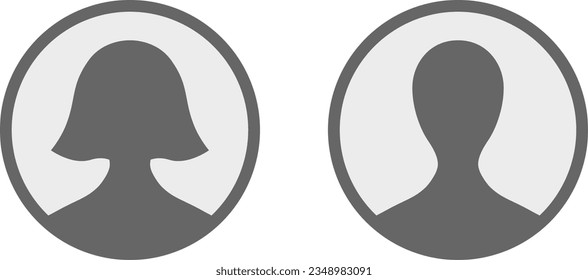 Generic Anonymous Social Media Web User Account Female Woman and Male Man Profile Avatar Round Grayscale Symbol Icon Set. Vector Image.