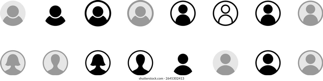 Generic Anonymous Social Media Web or App UI User Account Profile Avatar Image Symbol Icon Set. Vector Image.