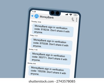 Generic bank one time password for login verification. OTP code sent to user to confirm identity. Two factor user authorization. Mobile text message app screen.