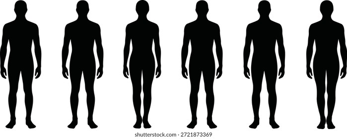 Silhuetas pretas genéricas de seis corpos humanos masculinos em pé em um arranjo de vista frontal, isoladas em branco.