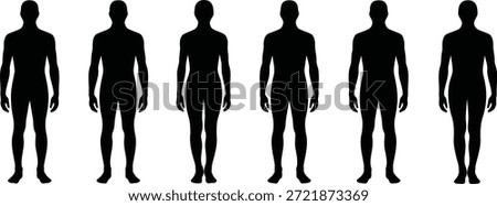 Generic black silhouettes of six standing male human bodies in a front view arrangement, isolated on white.