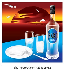 Generic bottle of national drink of Turkish Raki with glasses and a plate of white cheese on sunset background. Vector illustration