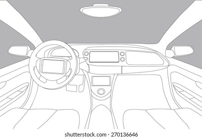 generic car cockipt, line drawing illustration