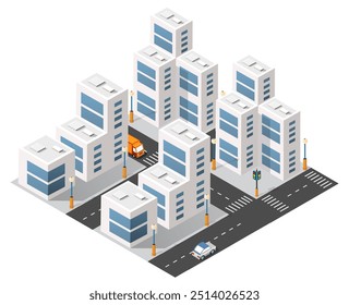 Generic city center with cars driving on the road and modern buildings, seen from above in isometric view