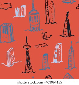 Generic City with clouds and helicopter Seamless Pattern in isometric projection is hand drawing of different buildings (skyscrapers and low-rise).