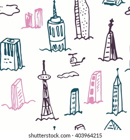 Generic City with clouds and helicopter Seamless Pattern in isometric projection is hand drawing of different buildings (skyscrapers and low-rise).