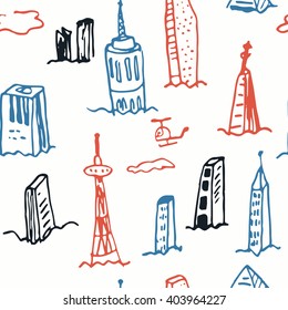 Generic City with clouds and helicopter Seamless Pattern in isometric projection is hand drawing of different buildings (skyscrapers and low-rise).