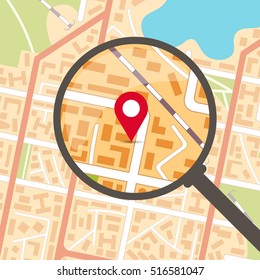 Generic City Map Background With Magnifier And Pinpoint. EPS10 Vector Illustration In Flat Style.