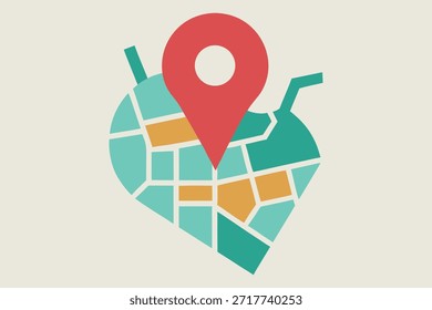 Generischer Stadtplan mit Ortsstiftmarkierung, modernem Navigationskonzept, einfachem Flachdesign für Apps, Reiseführer, Routing, Geolokalisierungsgrafiken, Präsentationsvisualien, Branding-Projekte und Marketingmaterialien.