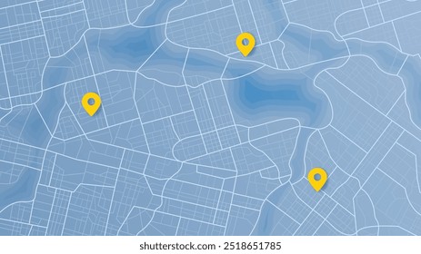 Mapa genérico da cidade com marcadores. Ponto do objetivo pretendido, muitos marcadores. Plano de navegação abstrato da área urbana com POI sobre ele. Ruas e quarteirões da cidade. Ilustração vetorial editável colorida