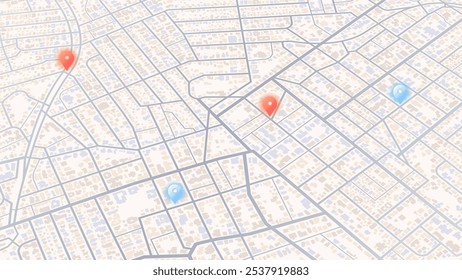 Generic city map with pins. Point of intended goal, many markers. Abstract navigation plan of urban area with POI on it. City streets and blocks. Colored editable vector illustration