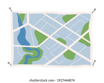 Generic city map with signs of streets, roads and parks. Abstract navigation plan of small urban area. Simple scheme on paper with pins. Colored flat vector illustration isolated on white background