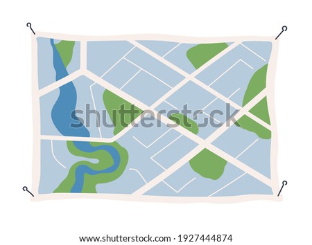 Generic city map with signs of streets, roads and parks. Abstract navigation plan of small urban area. Simple scheme on paper with pins. Colored flat vector illustration isolated on white background