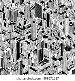 Generic City Seamless Pattern in isometric projection is hand drawing of different buildings (skyscrapers and low-rise). Illustration is in eps8 vector mode, pattern is repetitive.