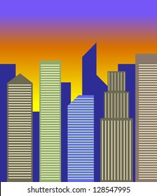 A generic city skyline at dusk.