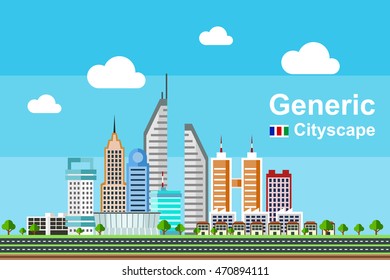 Generic cityscape in flat style featuring different generic buildings.