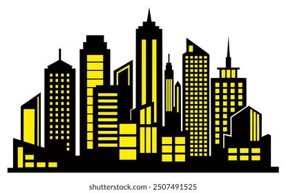 Generic cityscape with skyscrapers shining at night with bright yellow lights, an illustration perfect for tourism and architecture concepts