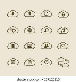 Generic cloud computing icons set, contour flat isolated vector illustration