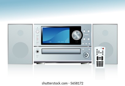 Generic compact stereo system with speakers and remote control; with reflection. Easy-edit layered file.