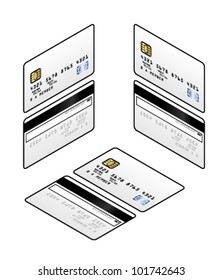 A generic credit card with a smart chip and a hologram. Fronts and backs in three isometric orientations - left, right and top.